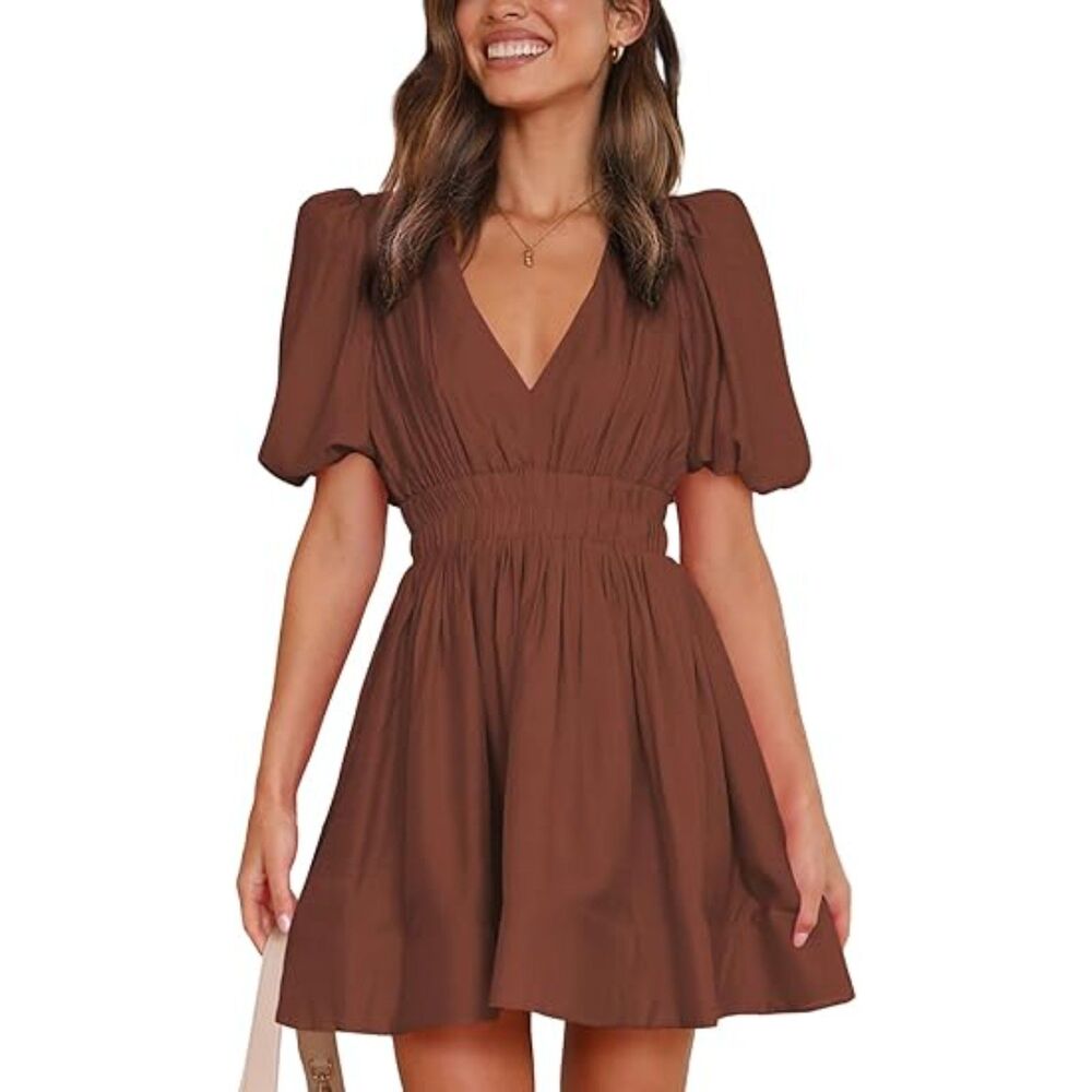 Puff Short Sleeve Sexy V Neck Elastic High Waist Flowy Dress, LARGE, 3K-167D004